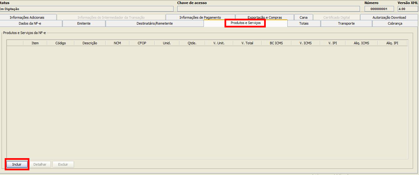 Aba produto e serviço emissor de nota fiscal 